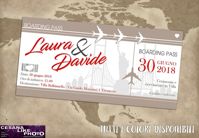 Partecipazioni matrimonio a tema viaggio a forma di biglietto aereo
