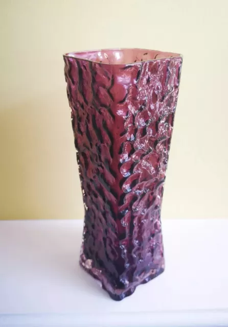 Rare Ingrid Glashütte Whitefriars Style Bark Textured Waisted Vase In Aubergine