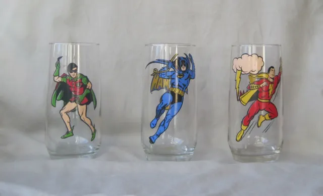 Vtg 1976 BATMAN, ROBIN, SHAZAM Drinking Glass PEPSI Collector Series Mint Lot 3