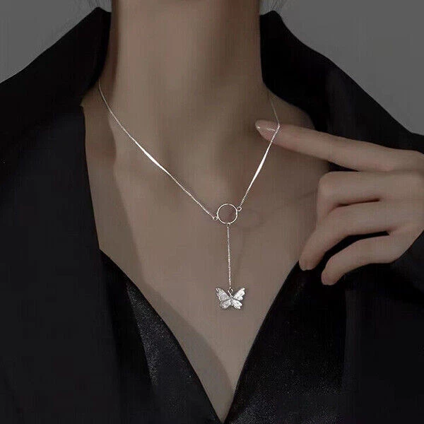 925 Silver Filled Butterfly Pendant Chain Necklace Womens Girls Jewellery Choker