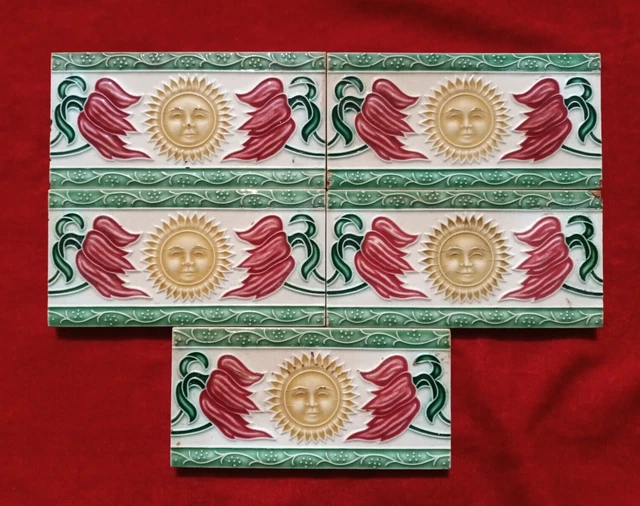 5 Piece Lot Art Deco Floral Design Used Majolica Ceramic Tiles Japan 0300