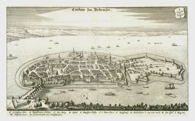 Lindau Bodensee Gesamtansicht Original Kupferstich Merian 1643