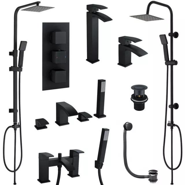 Matt Black Modern Square Bathroom Basin & Bath Taps & Thermostatic Shower Mixers