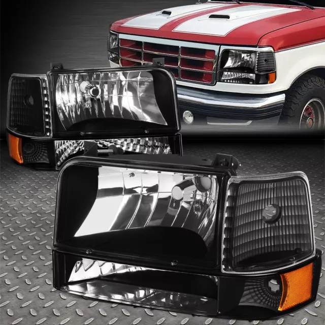 For 92-96 Ford F150 F250 F350 Black Housing Amber Corner Headlight Bumper Lamps