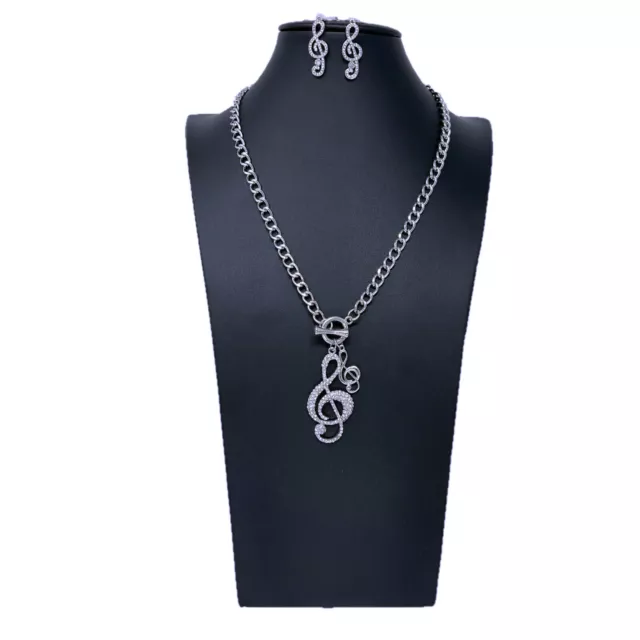 Collana Orecchini Chiave di Violino Doppio Strass Moda Donna Brillante Argento