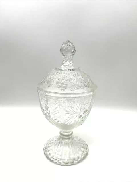 Vintage 7 1/2" Jeanette Glass Pedestal Candy /Apothecary Jar w/Lid Harvest Grape