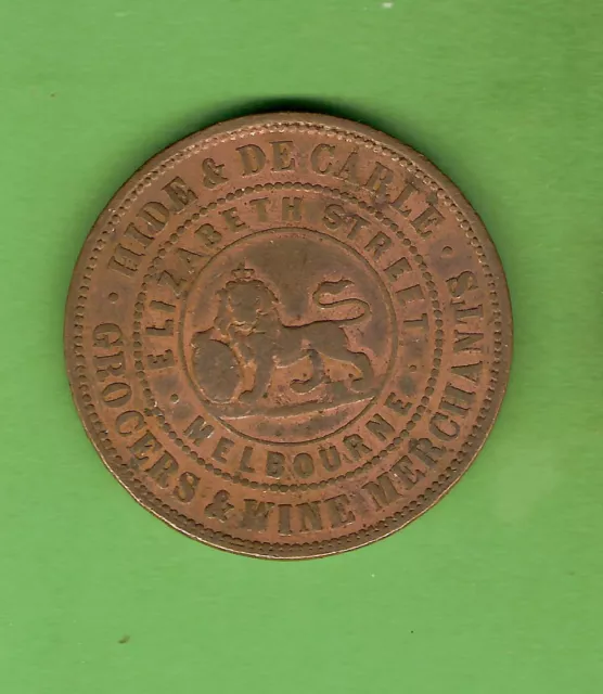 #D75. AUSTRALASIAN  TRADE PENNY TOKEN - 1858 HIDE & De CARLE, MELBOURNE