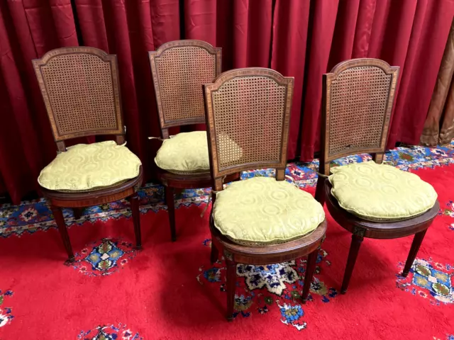 SET OF 4 PETITE CANED LOUIS XVI STYLE SIDE CHAIRS with Bronze Sabot & Mounts