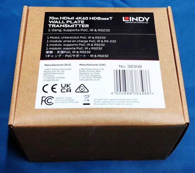 LINDY 70m Cat.6 HDMI 4K60, IR & RS-232 HDBaseT Wall EPlate Extender,Transmitter