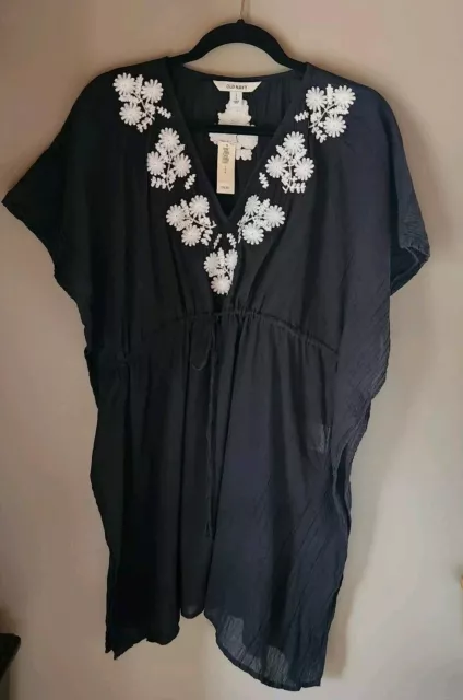 Old Navy Swim Cover Up Women's Large Black  With Flower Embroidered Drawstring