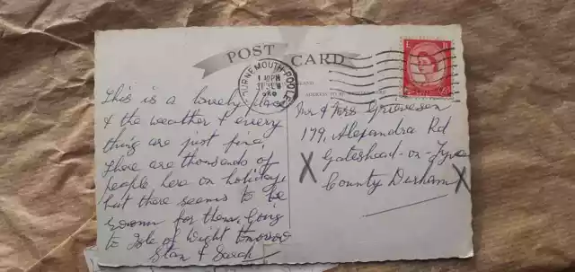 Bournemouth，vintage postcard,Alum Chine,1959,Gateshead on Tyne,Durham,posted 2