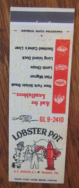 Animal Lobster Matchbook Matchcover: Lobster Pot (Wawa, Pennsylvania) -F1