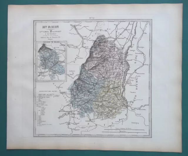 FRANCE dept Haute Rhine Colmar Basel - 1873 SUPERB Map 14 x 17"  36 x 43 cm