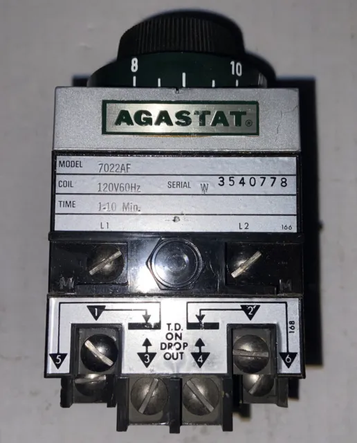 AGASTAT 7022AF TIMING RELAY, 120V 60HZ coil, 1-10 min, 1/4 HP, 120-600 VAC, 30DC