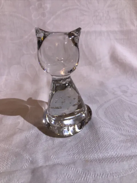 Vintage Clear Art Glass Cat Kitten Controlled Bubble Paperweight 4” 10cm Tall