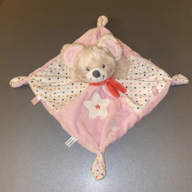 doudou plat Souris Ours Rose Beige Écharpe Rouge Étoiles MOTS D ENFANTS