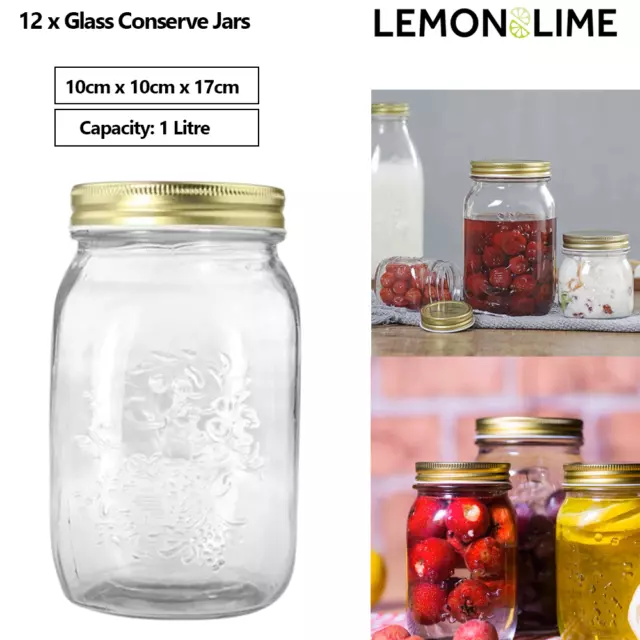 12 x 1L Glass Conserve Jar Gold Lid Screw Top Food Lolly Jam Storage Container