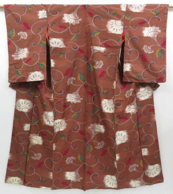 3410T13z580 Antique Japanese Kimono Silk MEISEN KOMON Flower Brown