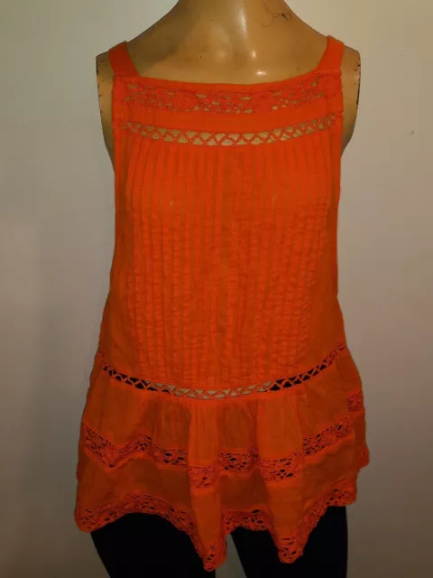 Free People Womens Orange Lace  Sleeveless Pleated Boho Peplum Tank Top Size XS