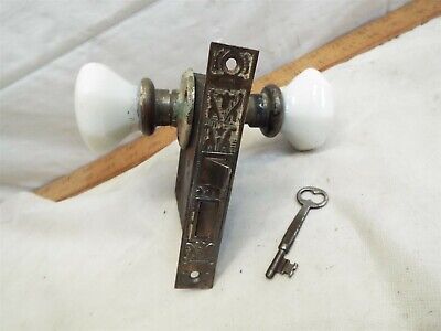 Vintage Iron Door Lockset Hardware Milk Glass Knob Mortise Lock Set Skeleton Key
