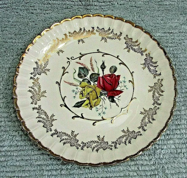 Wood Sons England Porcelain Dinner Plate Yellow Red Rose w Gold Trim FREE S/H