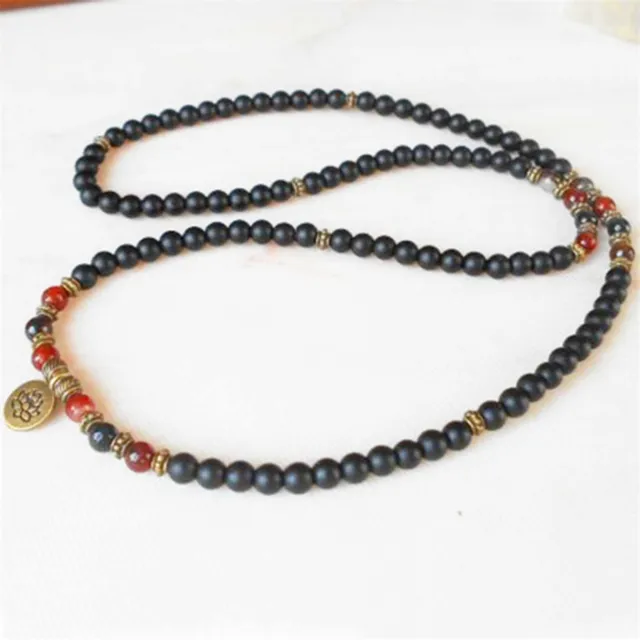 8mm 108 Black Onyx Buddha beads Lotus Pendant Bracelet Meditation Unique
