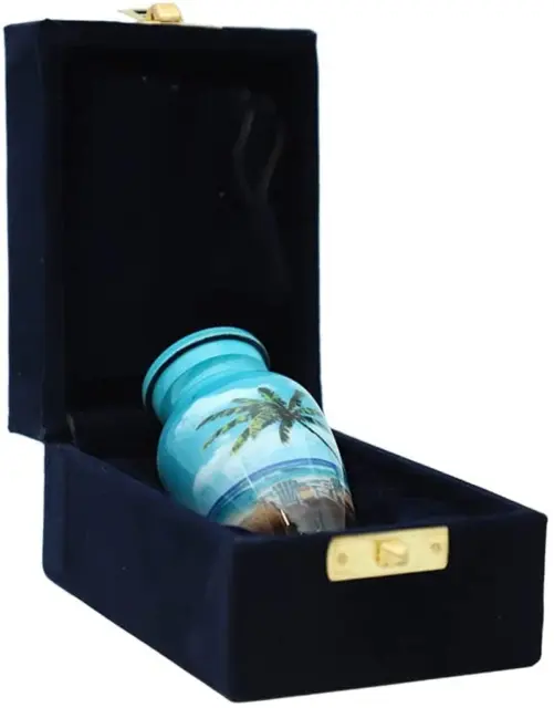 Urna de recuerdo pequeña playa azul con 1 caja de terciopelo mini urna de recuerdo