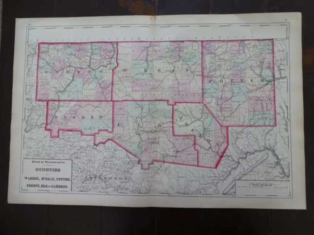 1872 Hand-Colored Map of PA/Counties of Warren, McKean, Potter, Forest, Elk