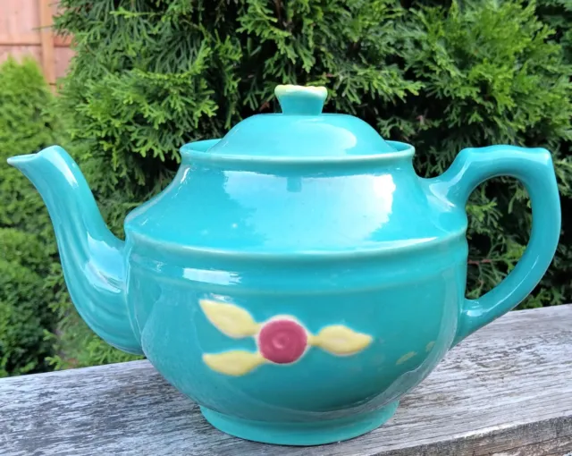 ROSEBUD vtg coors pottery teapot teal green aqua turquoise china deco ceramic