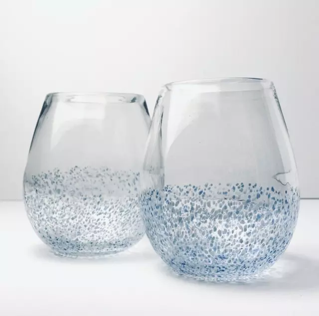 Pier 1 CONFETTI Stemless Wine Glass Set 2 Cobalt Blue Rocks Tumbler Hand Blown