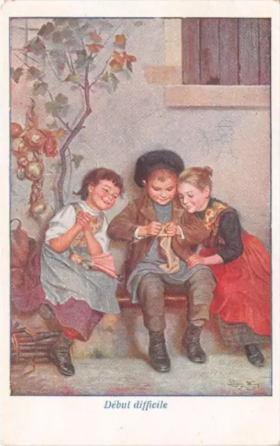 Cpa Illustrateur Enfant Debut Difficile