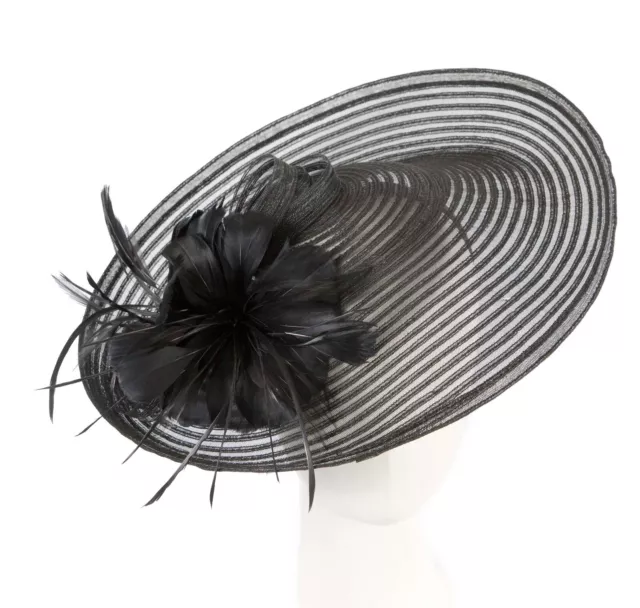 Large black racing fascinator with feather flower by Max Alexander RRP: $149.95