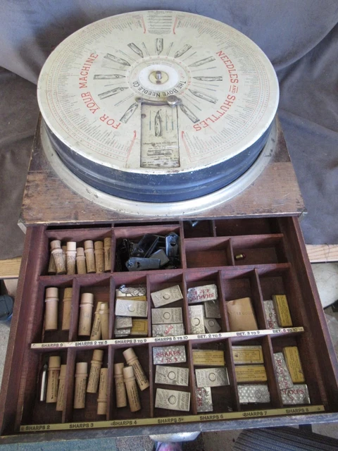1909 BOYES Needle Co - Tin Revolving Store Display for Needles & Shuttles jf