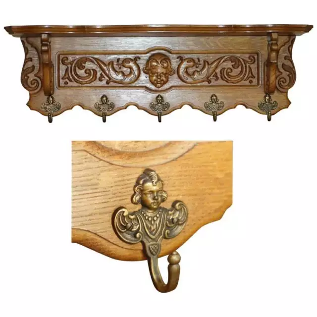 Ornately Carved Cherub Dutch Oak Coat Hat Scarf Wall Rack Hanger Royal Hooks