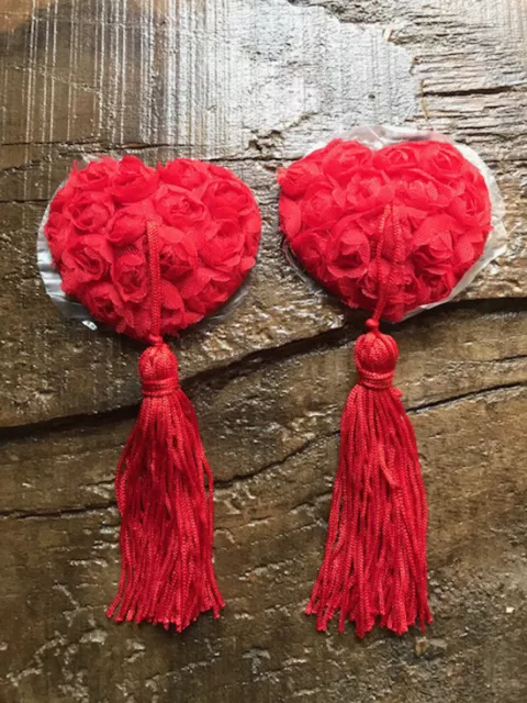 Caché-pezones Nippies Empanadas Adhesivos Corazones Rojas De Rosas Tul Pompones