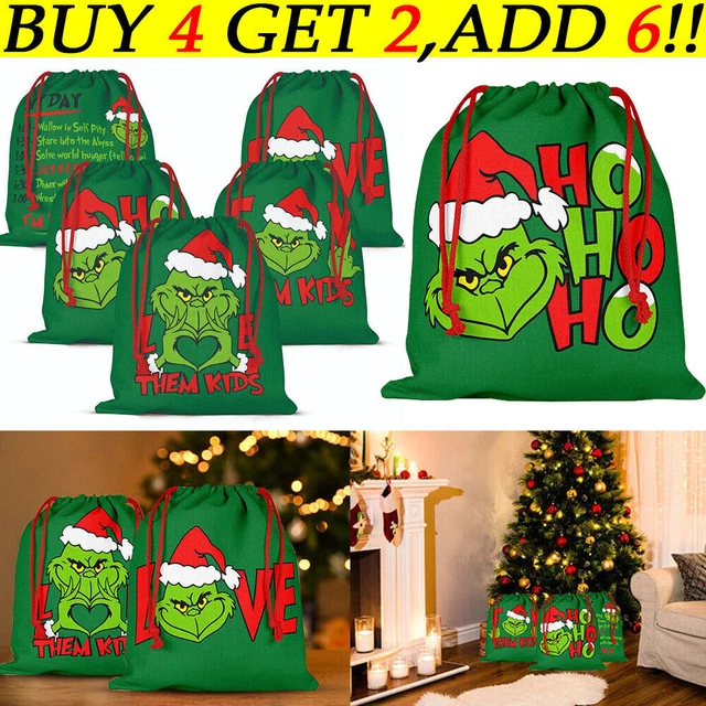 Large Christmas Xmas Hessian Green Grinch Sack Drawstring Bag Present Gift Bags