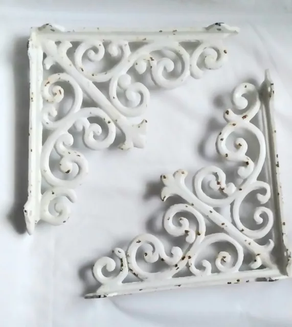Vintage Cast Iron White Victorian Scroll Triangle Ornate Rustic Shelf Brackets