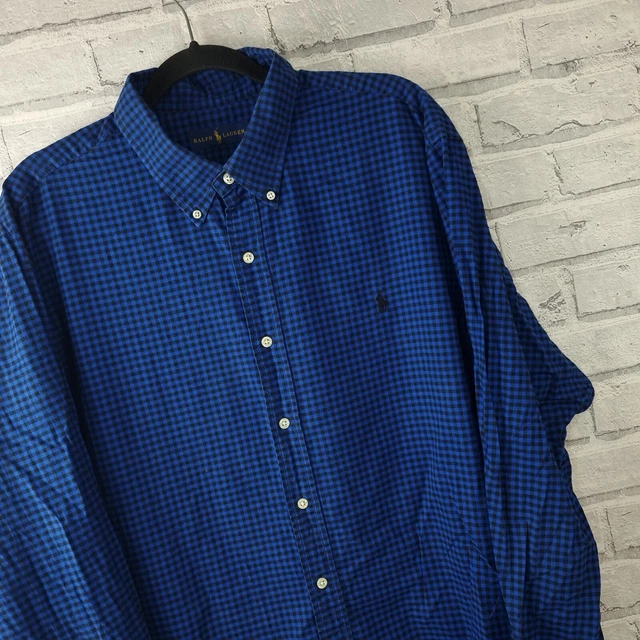 Camicia da uomo Ralph Lauren taglia XXL 3XL XXXL blu nero gingham logo manica lunga