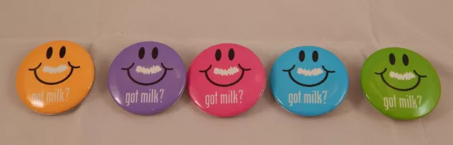 5 Vintage "Got Milk" Buttons Pins - 1 each of Purple Green Yellow Pink & Blue