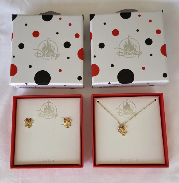 Disney Minnie Mouse Face Sterling Silver Pierced Stud Earrings & Necklace NWT