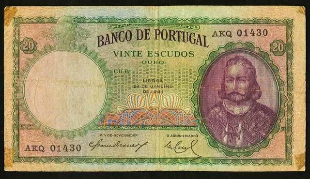 Currency 28 January 1941 Portugal Banknote 20 Escudos Luiz Menezes Pick 153a F++