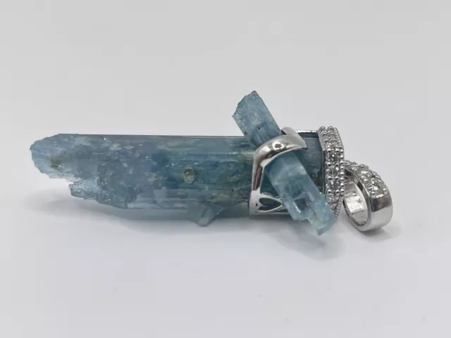14k White Gold Natural Aquamarine Rough Crystal Pendant With Real Diamonds