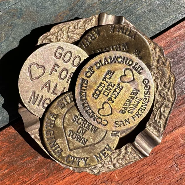 Old West Brothel Tokens (Lot Of 5 Assorted) and Brass Dish With Antique Finish