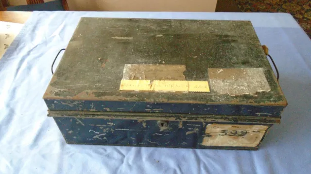 Vintage Collectable  Metal Deeds Box Work Box Storage Tin   + Old Labels