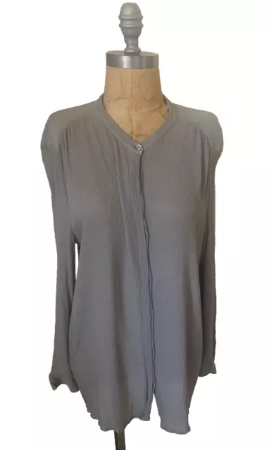 EILEEN FISHER Gray Crinkled Silk Semi-Sheer Button-Front Long Tunic Top Blouse M