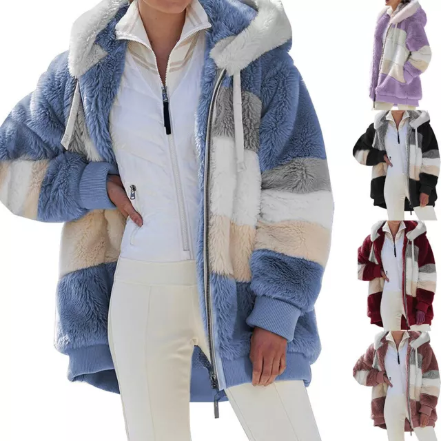 Womens Warm Teddy Bear Fluffy Coat Zip-Up Hoodie Fleece Jacket Outwear Plus Size 2