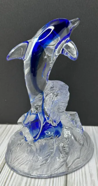 Cristal D'Arques Lead Crystal Art Glass Dolphin Sculpture Cobalt Blue Clear