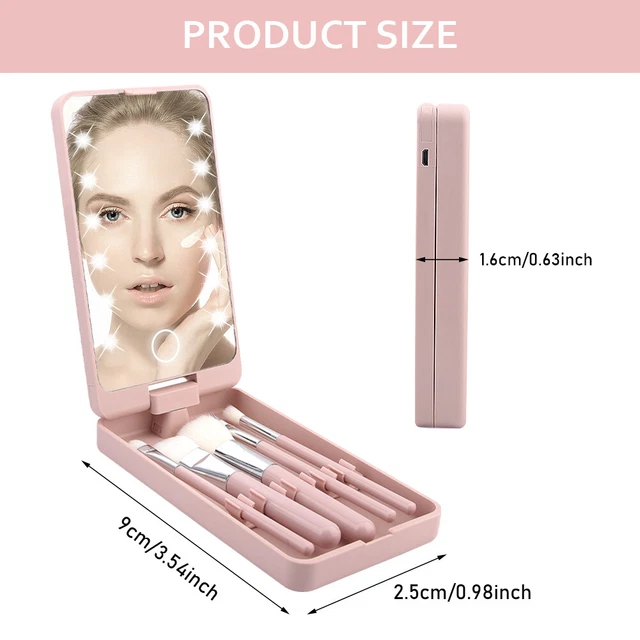 With Brushes Makeup Mirror 360 Rotation LED Lights Compact Office Cosmetic