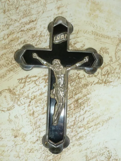 Antique French Marble Black Onyx crucifix Silver metal Cross wall hanging Jesus