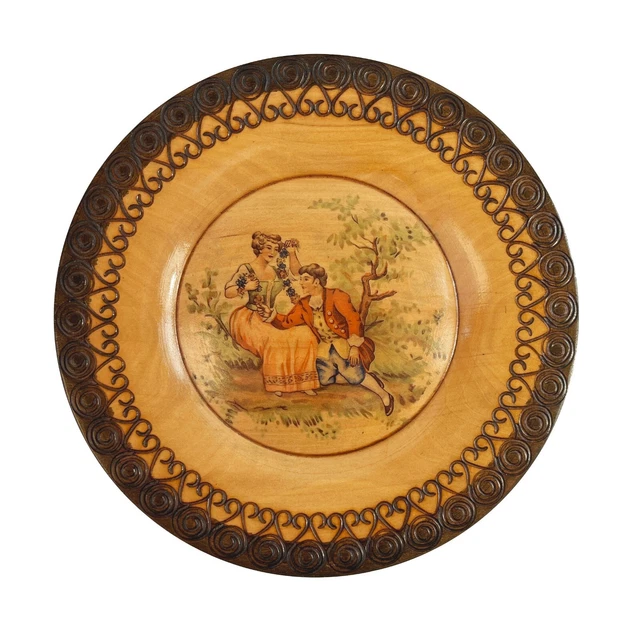 Vintage Wooden Hand Carved Polish Folk Art Wall Plaque Plate Couple, Poland